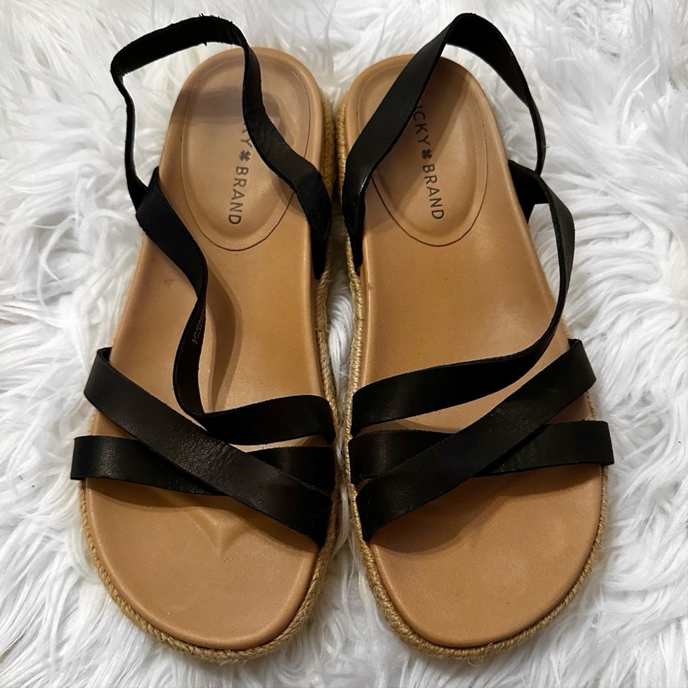 Women’s Lucky Brand Black Leather Strappy Sandals Size 7.5